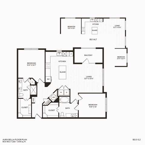 Floor plan for 2 beds, 2 baths, 1266 sqft